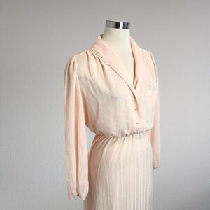 Roberta 1970s Pink Sheer Stripe Tie Secretary Midi Dress Summer Small S
